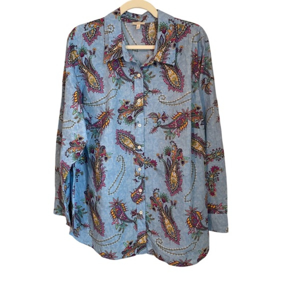 Talbots‎ Size 2X Blue Paisley Print Long Sleeve Button Up Cotton Shirt Preppy